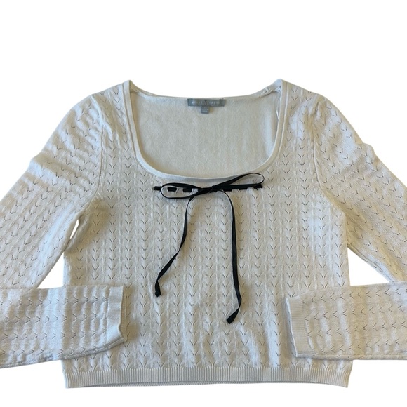 Heart N Crush Pointelle White Knit Coquette Bow Sweater Top, L‎ - Picture 2 of 8
